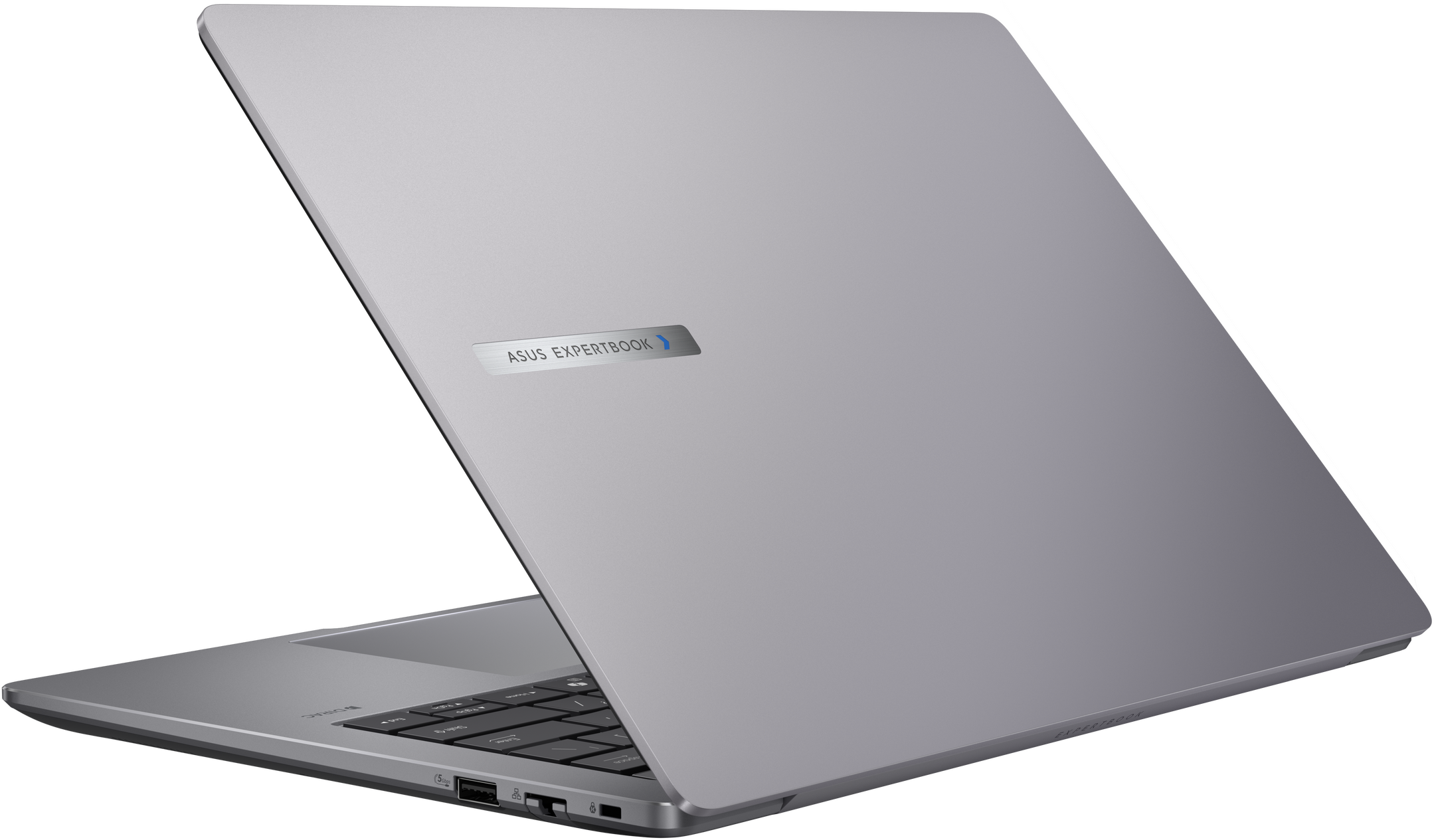 Ein silbernes Asus Expertbook-Laptop ist geöffnet. Die Tastatur ist sichtbar. Das Markenlogo befindet sich auf dem Deckel.