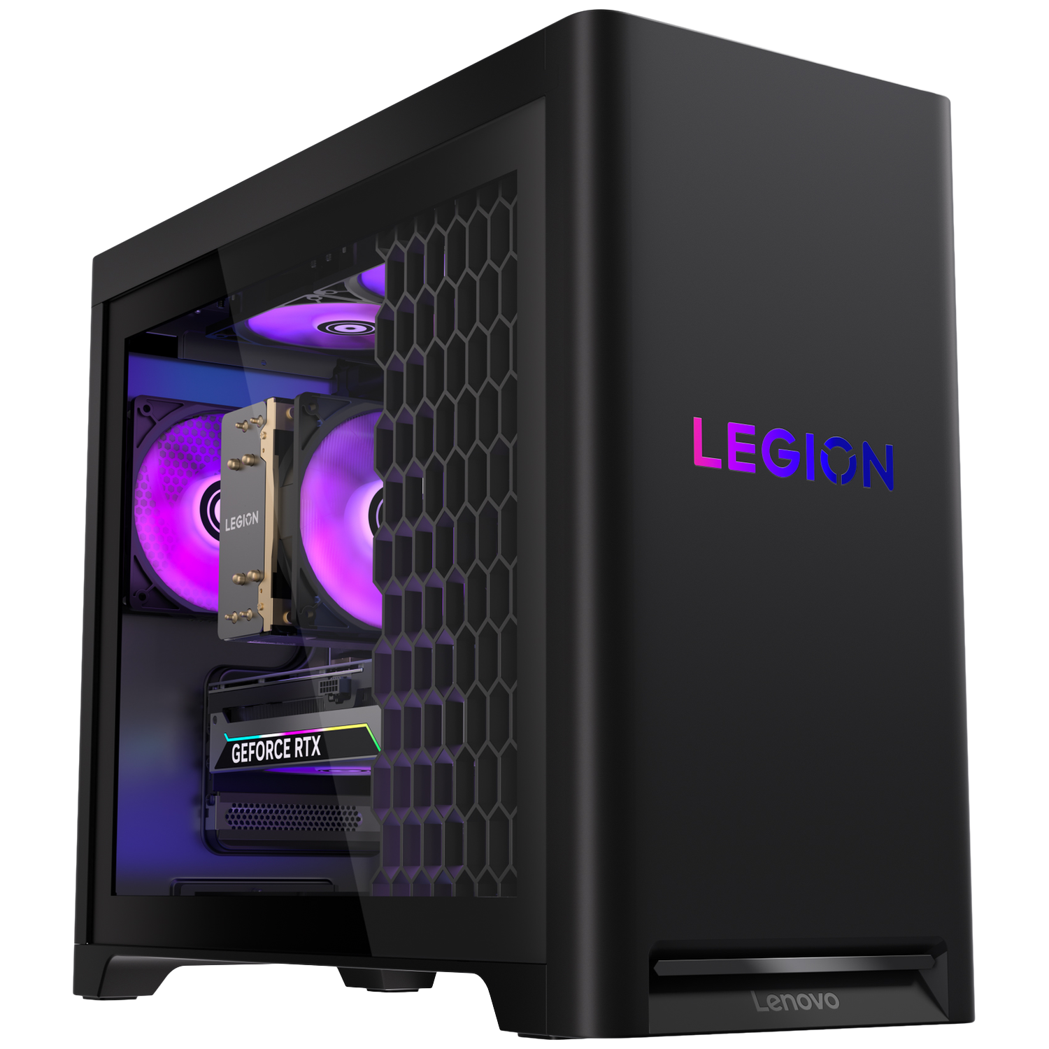 Zwarte Lenovo Legion PC. Heeft een transparant zijpaneel met ventilatoren, een GPU en CPU-koeler met het woord LEGION.