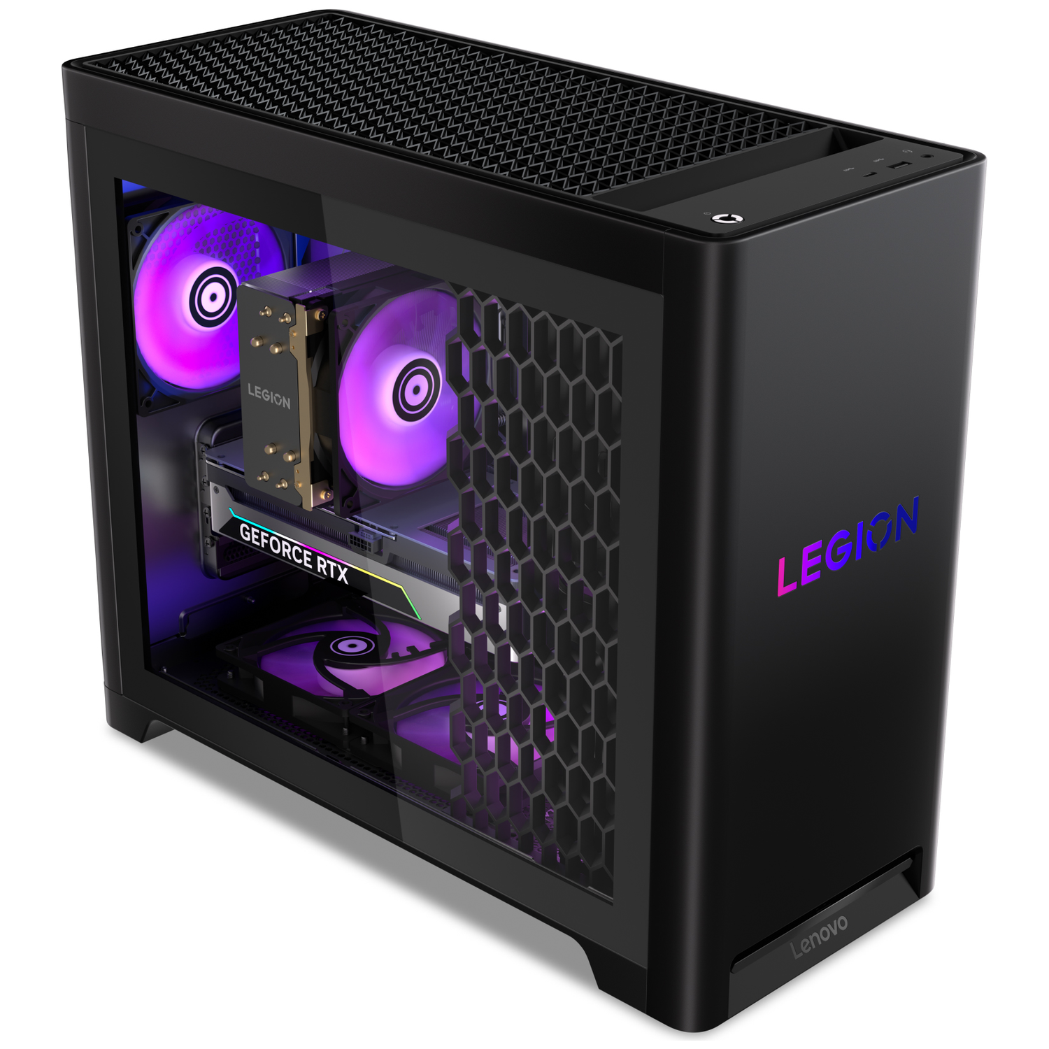 Zwarte Legion PC-behuizing met RGB-ventilatoren. Interne componenten zichtbaar. Legion-logo aan de zijkant. Lenovo-logo onderaan.