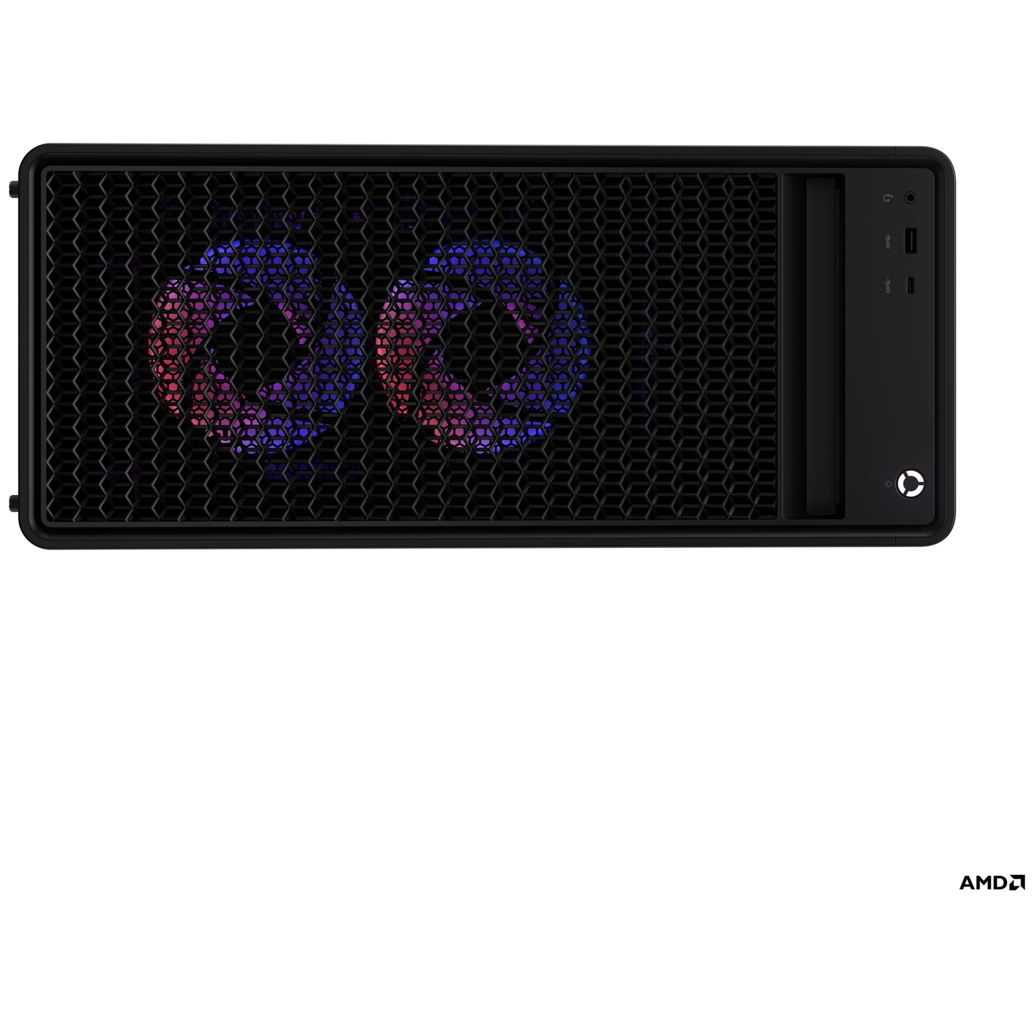 Zwarte computerkast met honingraatgaas. Binnenin gloeien twee kleurrijke ventilatoren rood, blauw en paars. Het AMD-logo staat in de hoek.