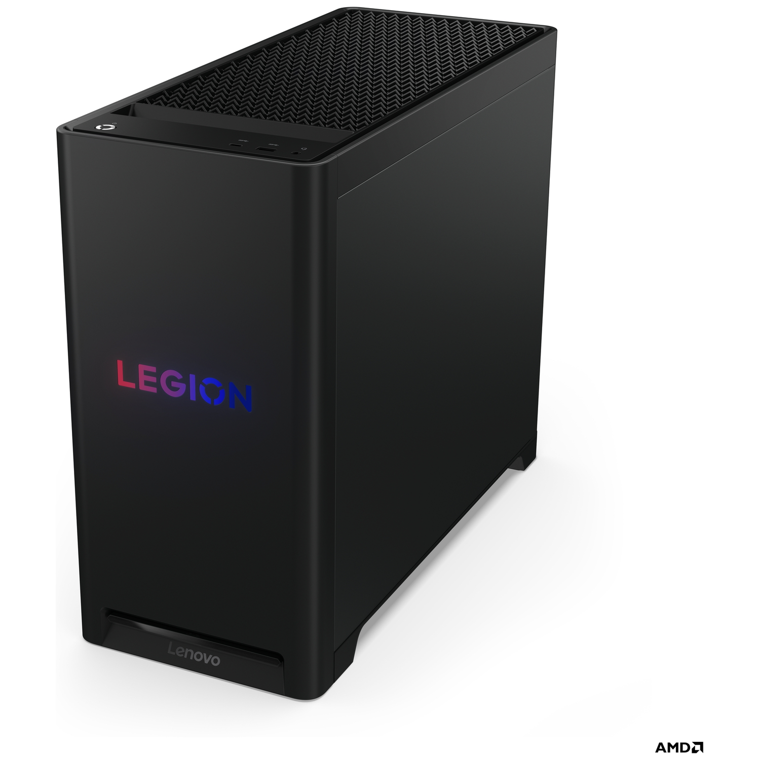 Zwarte Lenovo Legion desktopcomputer. Het heeft een Legion-logo met een kleureffect. Het AMD-logo staat rechtsonder.