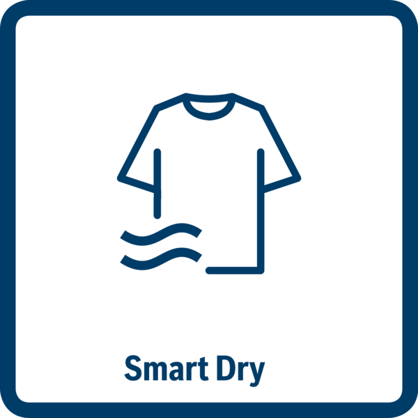 'Smart Dry' yazan bir tişört, buhar ve simge. Akıllı kurutma işlevinin görsel bir temsilidir.