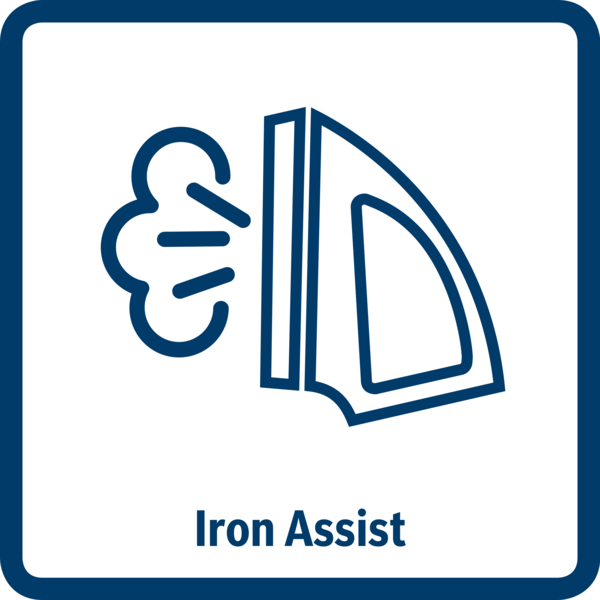 Buhar yayan bir ütü simgesi, 'Iron Assist' etiketli. Mavi bir kare içinde, beyaz zemin üzerinde mavi bir kontura sahip.