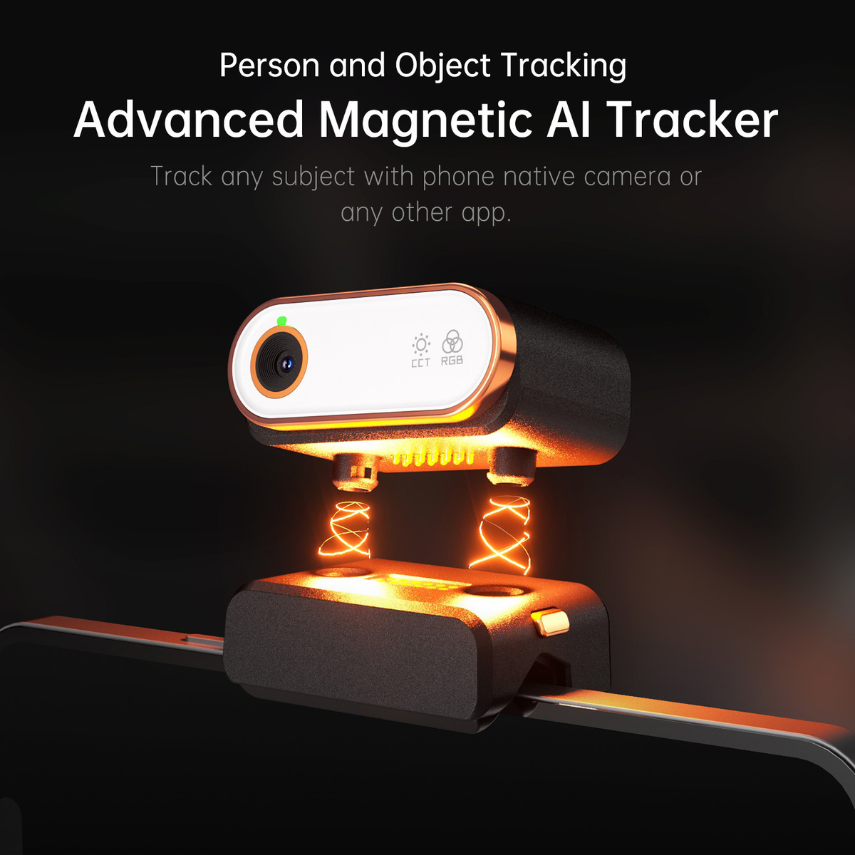 Ein fortschrittlicher magnetischer KI-Tracker, bestehend aus Kamera und Basis, zur Verfolgung von Objekten mit einer Handykamera.