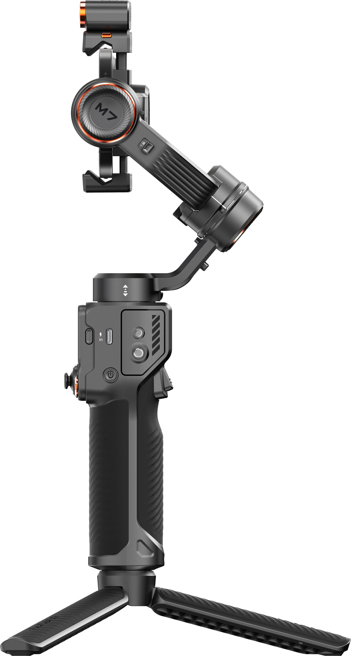 Schwarzer und grauer Gimbal-Stabilisator mit orangefarbenen Akzenten. Er hat einen Griff und einen Stativfuß. Der obere Abschnitt hat ein M7-Logo.
