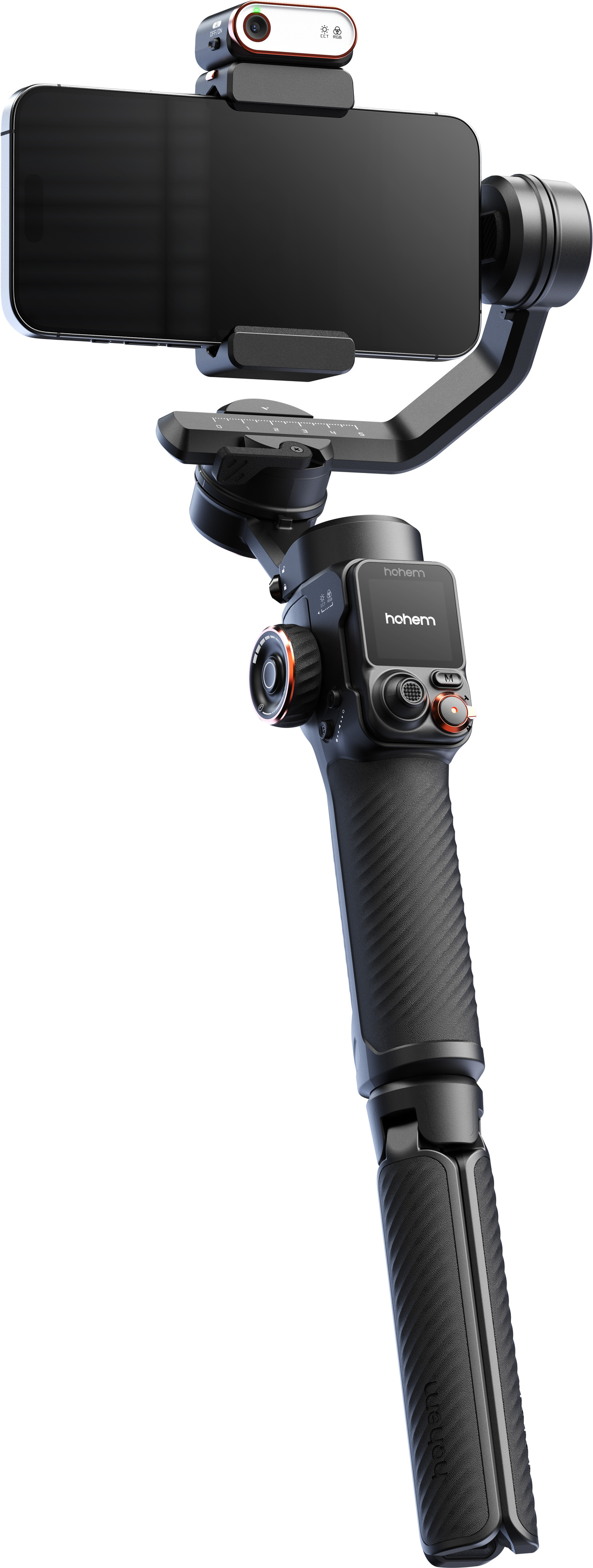 Ein schwarzer Smartphone-Gimbal-Stabilisator mit angeschlossenem Telefon. Hat einen Griff mit dem Logo 'hohem' und einem externen Licht.