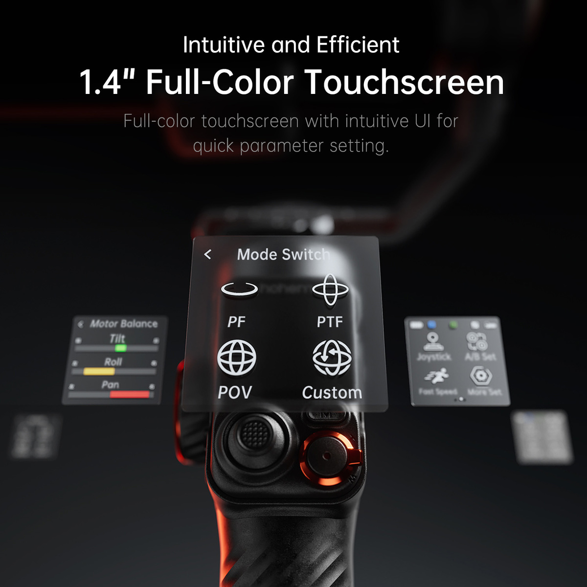 Nahaufnahme eines schwarzen Geräts mit 1,4" Farb-Touchscreen. UI umfasst 'Mode Switch', 'Motor Balance' und andere Einstellungen.