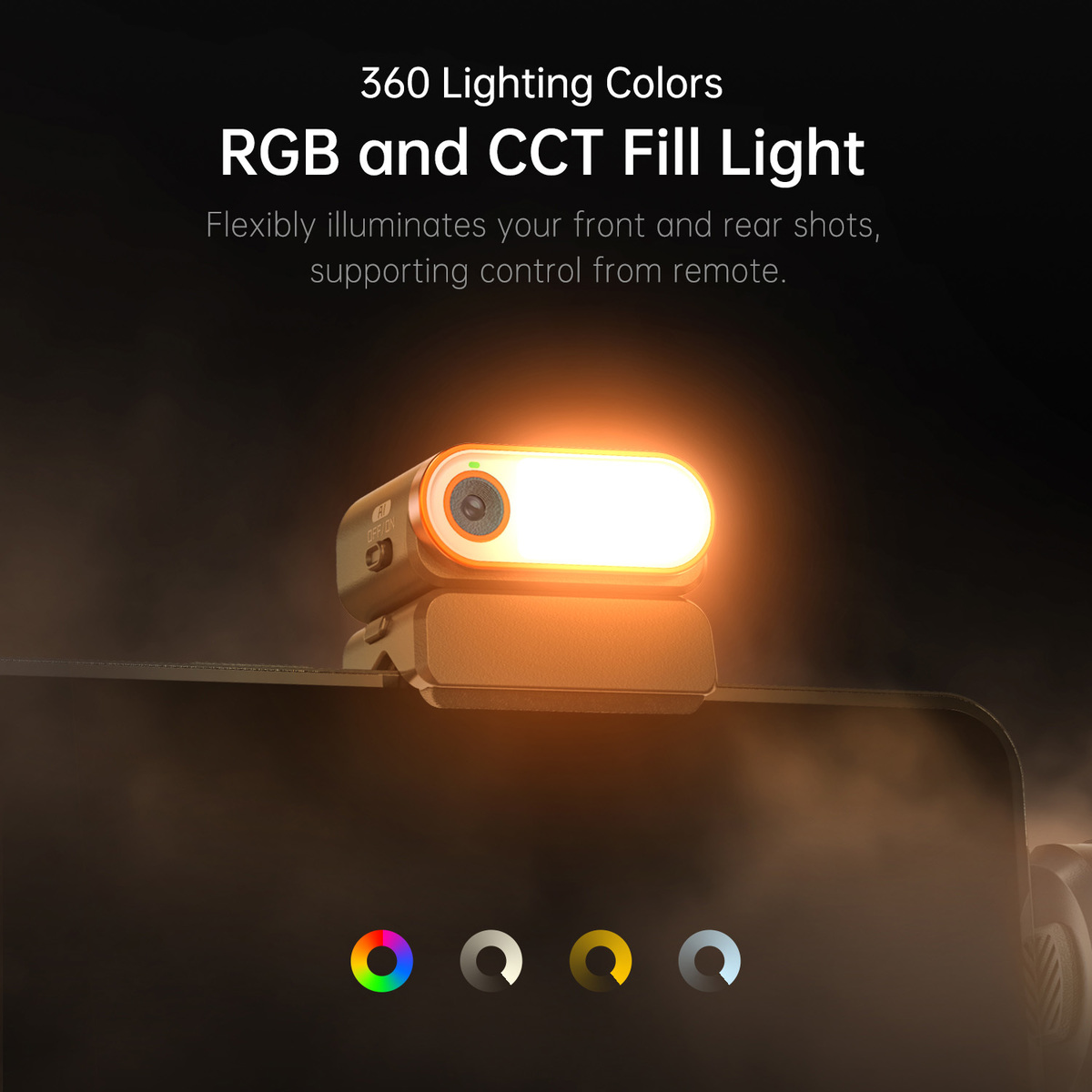 Ein leuchtendes Fülllicht wird angezeigt. Es ist orange und weiß, mit dem Text 'RGB and CCT Fill Light' darüber.