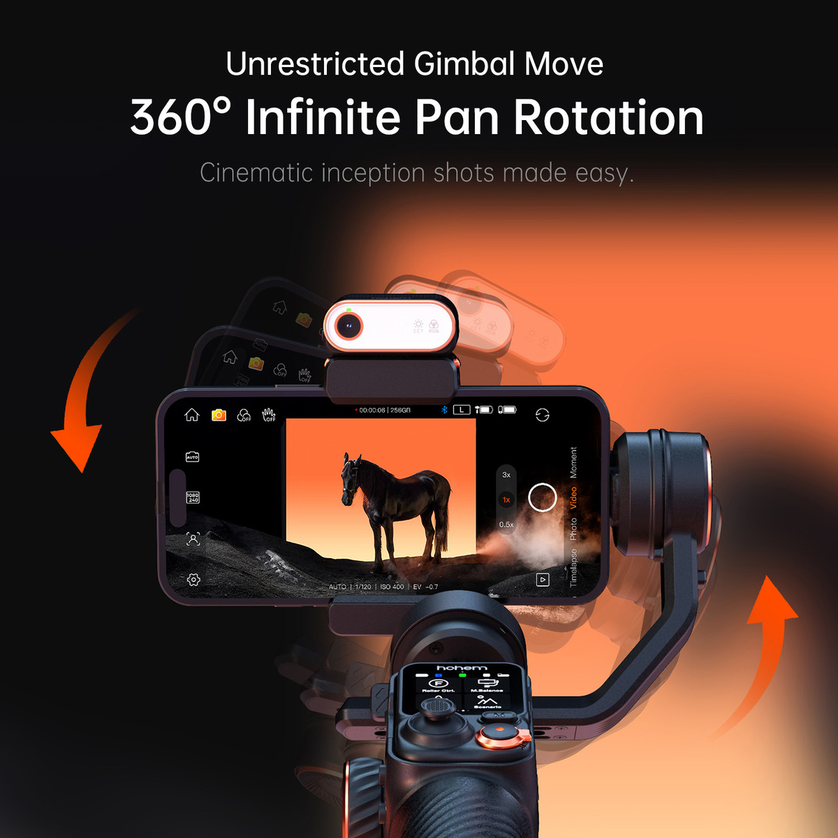 Ein Telefon in einem Gimbal zeigt ein schwarzes Pferd. Das Gimbal hat Knöpfe und einen Bildschirm. Orange Pfeile zeigen Bewegung an.
