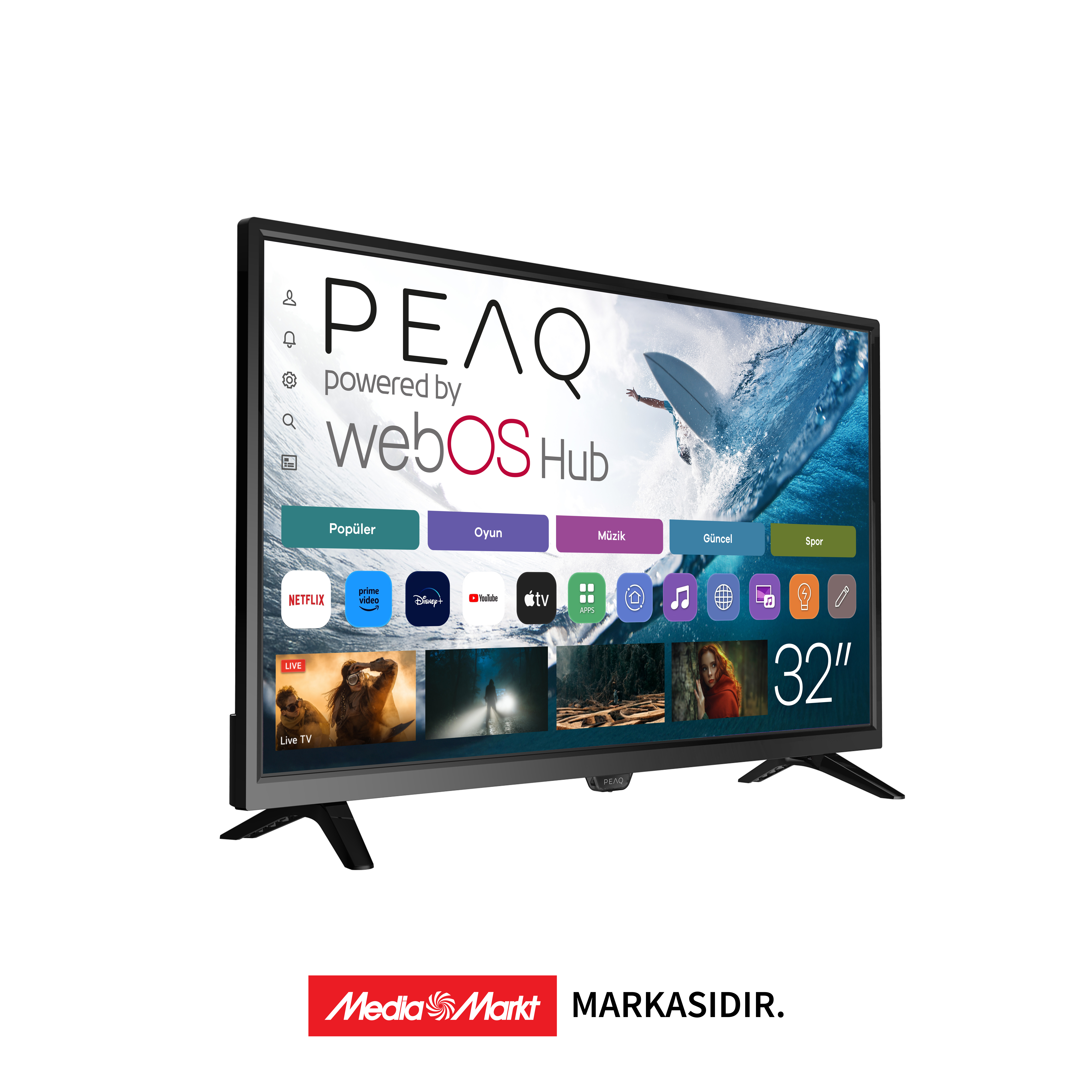32" PEAQ TV, uygulama simgelerini gösteriyor. Ekranda sörfçü resmi var. Altında Media Markt logosu var.