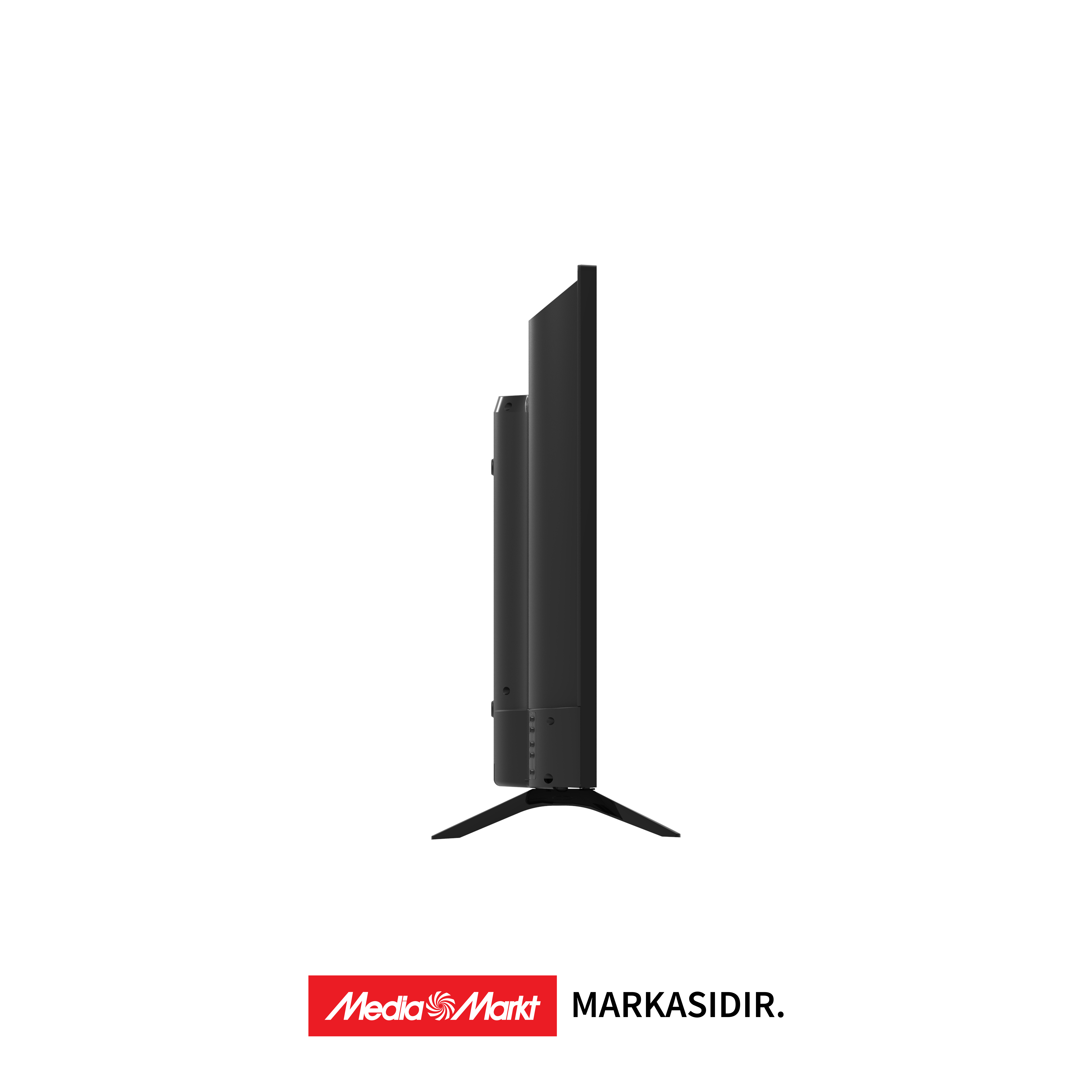 Siyah bir TV yandan görülüyor. Bir standı var. MediaMarkt logosu altta.