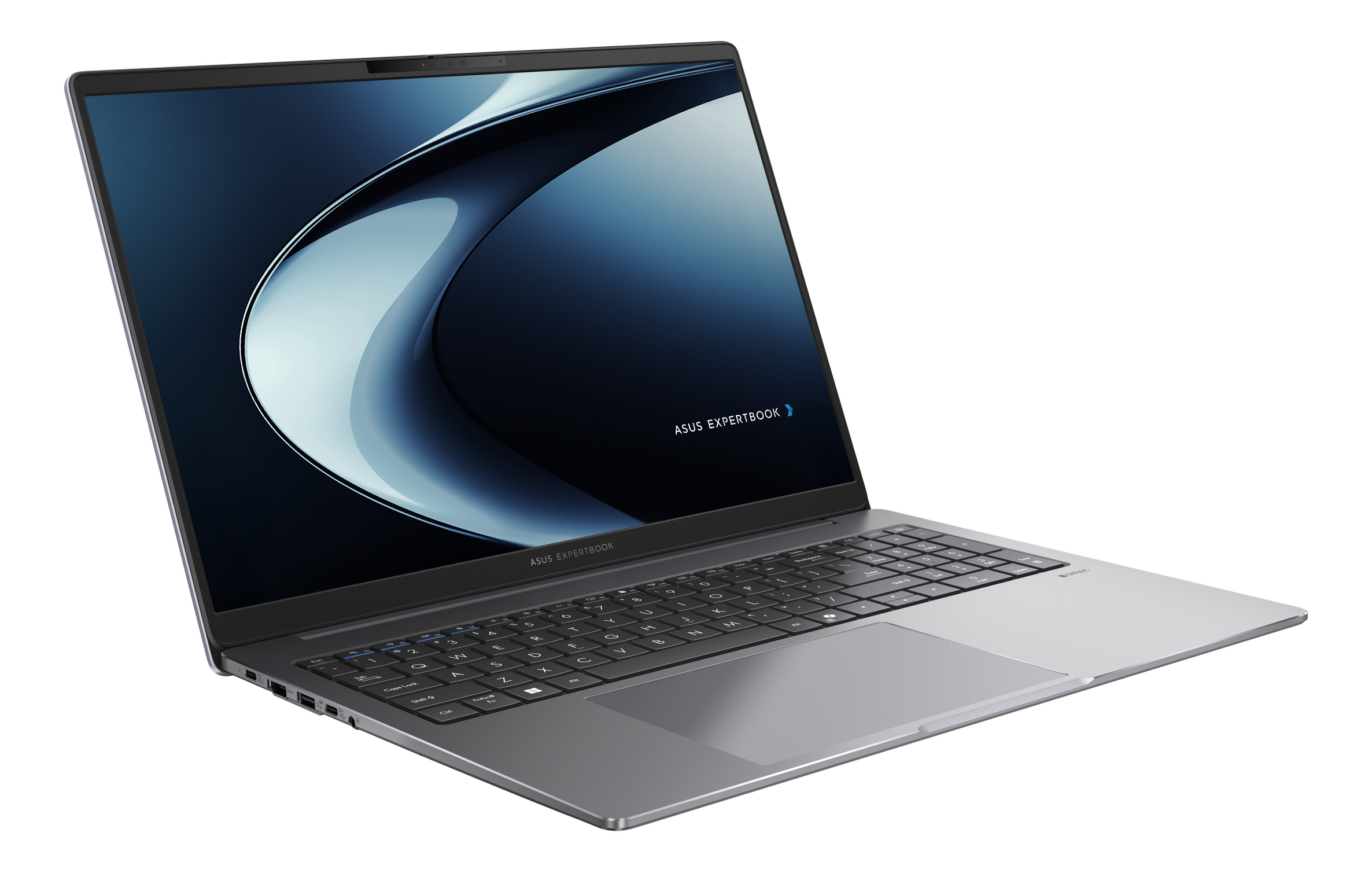 Ein silberner Asus Expertbook-Laptop auf schwarzem Hintergrund. Der Bildschirm zeigt ein blaues und weißes Design.