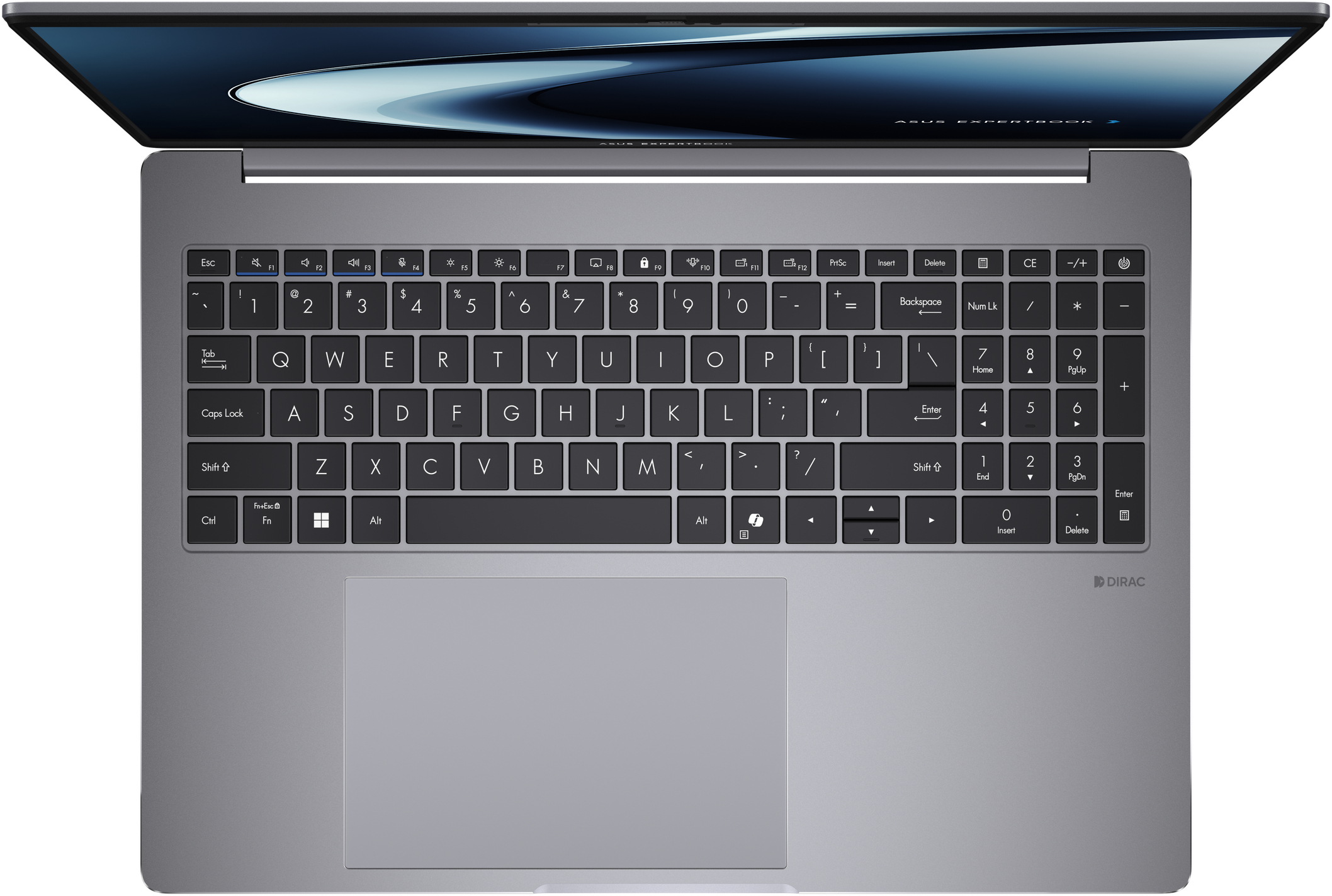 Laptop, Tastatur sichtbar. Graue Farbe. Bildschirm geöffnet. Schwarzer Hintergrund. Buchstaben und Zahlen auf Tasten sichtbar.