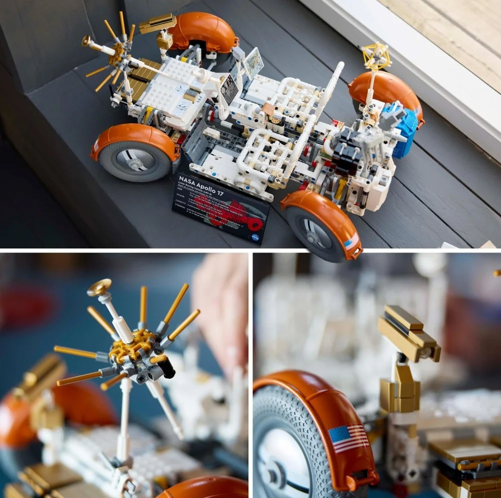 Model Lego łazika księżycowego NASA Apollo 17. Posiada pomarańczowe koła, biało-beżowy korpus i czarną kartę informacyjną.