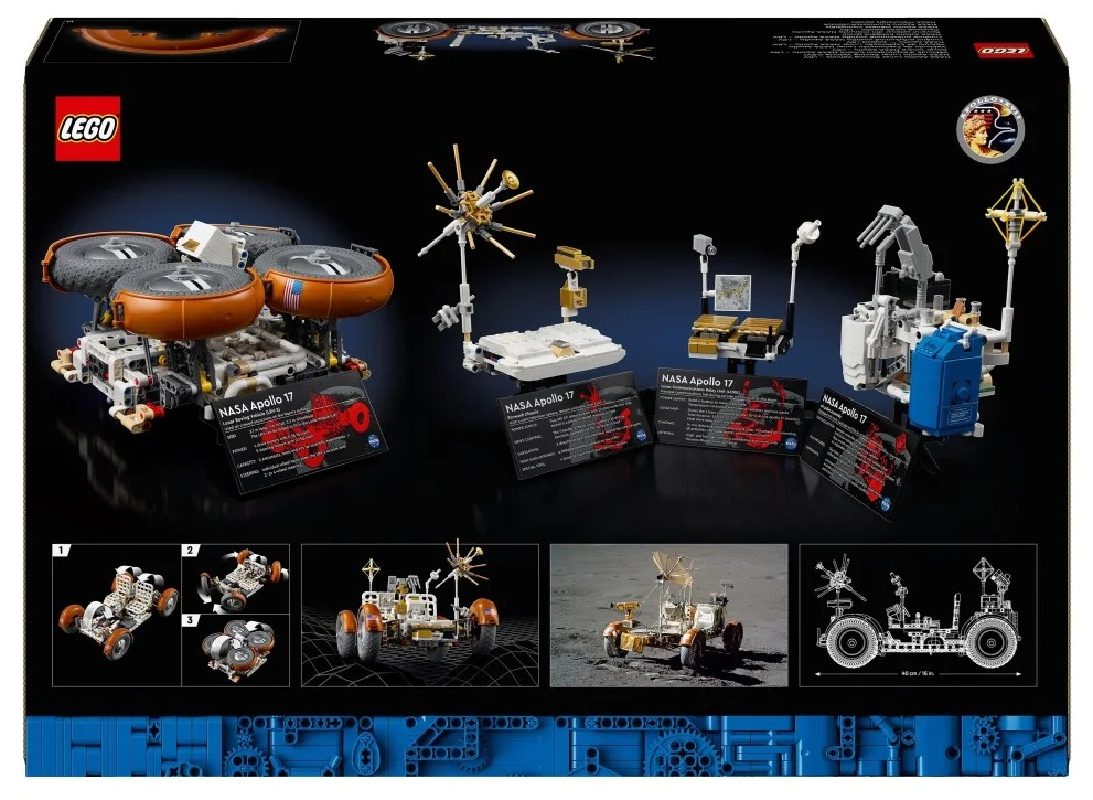 Pudełko Lego z modelem łazika księżycowego Apollo 17. Pokazano kilka modeli, w tym łazik, bazę i stację badawczą.