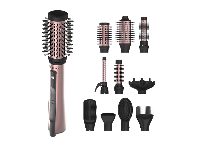 Moldeador - Cecotec CeramicCare 10in1 AirBrush, Función iónica, 10 accesorios, Pantalla digital, Revestimiento cerámica, 3 modos calor/velocidad, Rosa