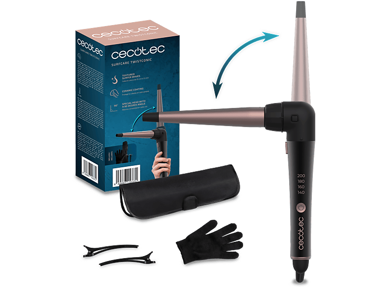 Moldeador - Cecotec SurfCare TwistConic, 140-200 ºC, 2 Cabezales con diámetro 13-25 mm, Codo de 90º, Estuche, Guante térmico, Cable 360º, Negro