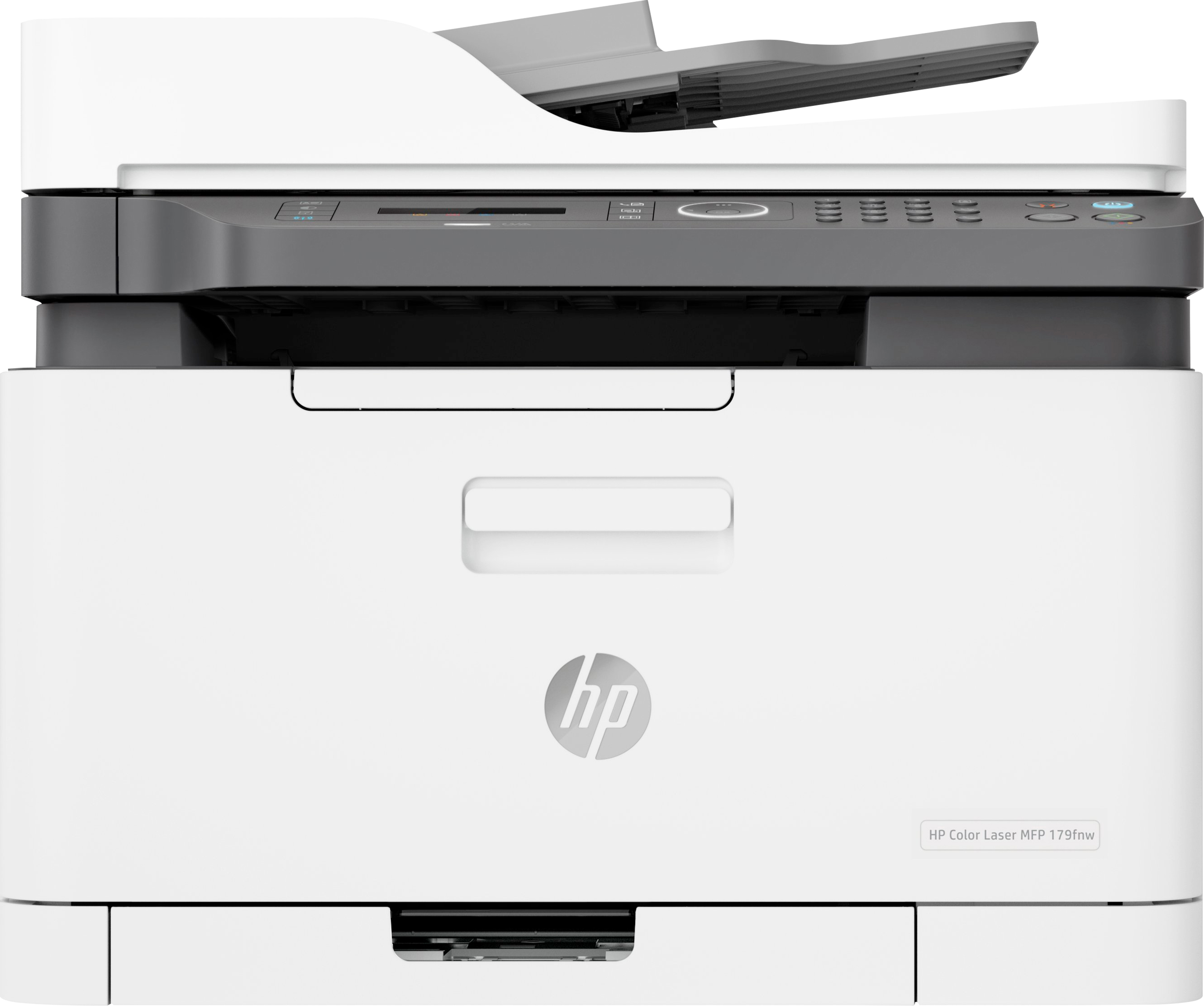 Ein HP Color Laser MFP 179fnw Drucker ist weiß mit einem grauen Oberteil und Bedienfeld. Das HP-Logo befindet sich vorne.