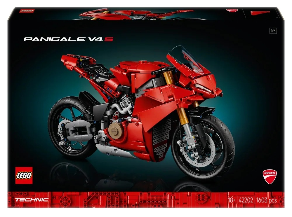 Model Lego Ducati Panigale V4 S. Czerwony motocykl na czarnym tle. Widoczne logo Lego.