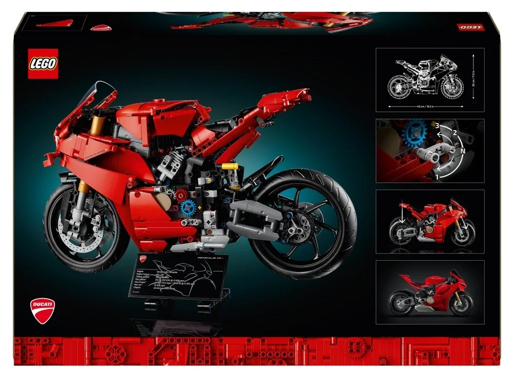 Model Lego Ducati Panigale V4 R, czerwony, na czarnym tle. Opakowanie zawiera motocykl, schematy i logotypy Lego i Ducati.