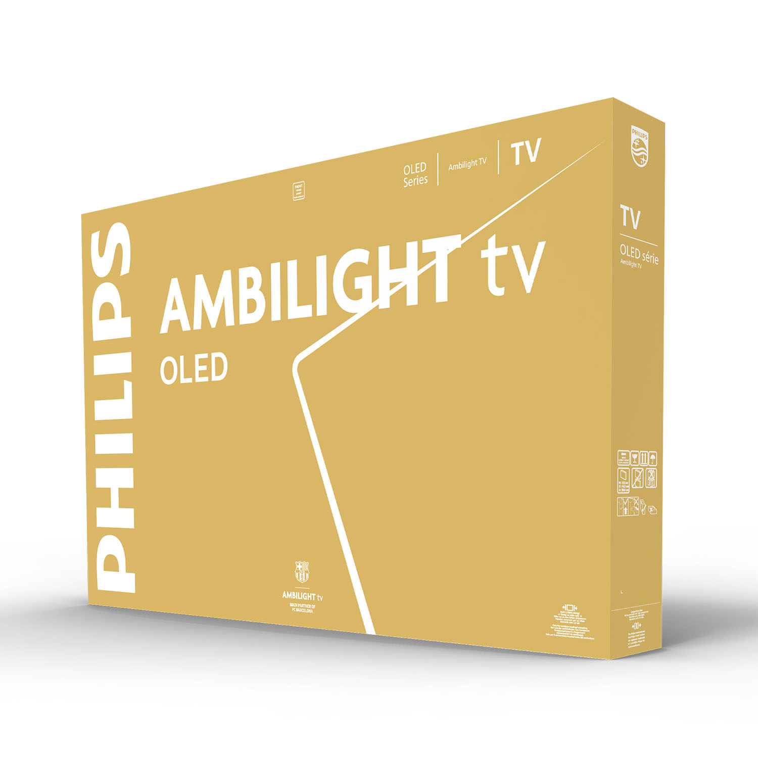 Caja de TV Philips Ambilight OLED dorada. Muestra la marca, detalles del producto y logotipos.