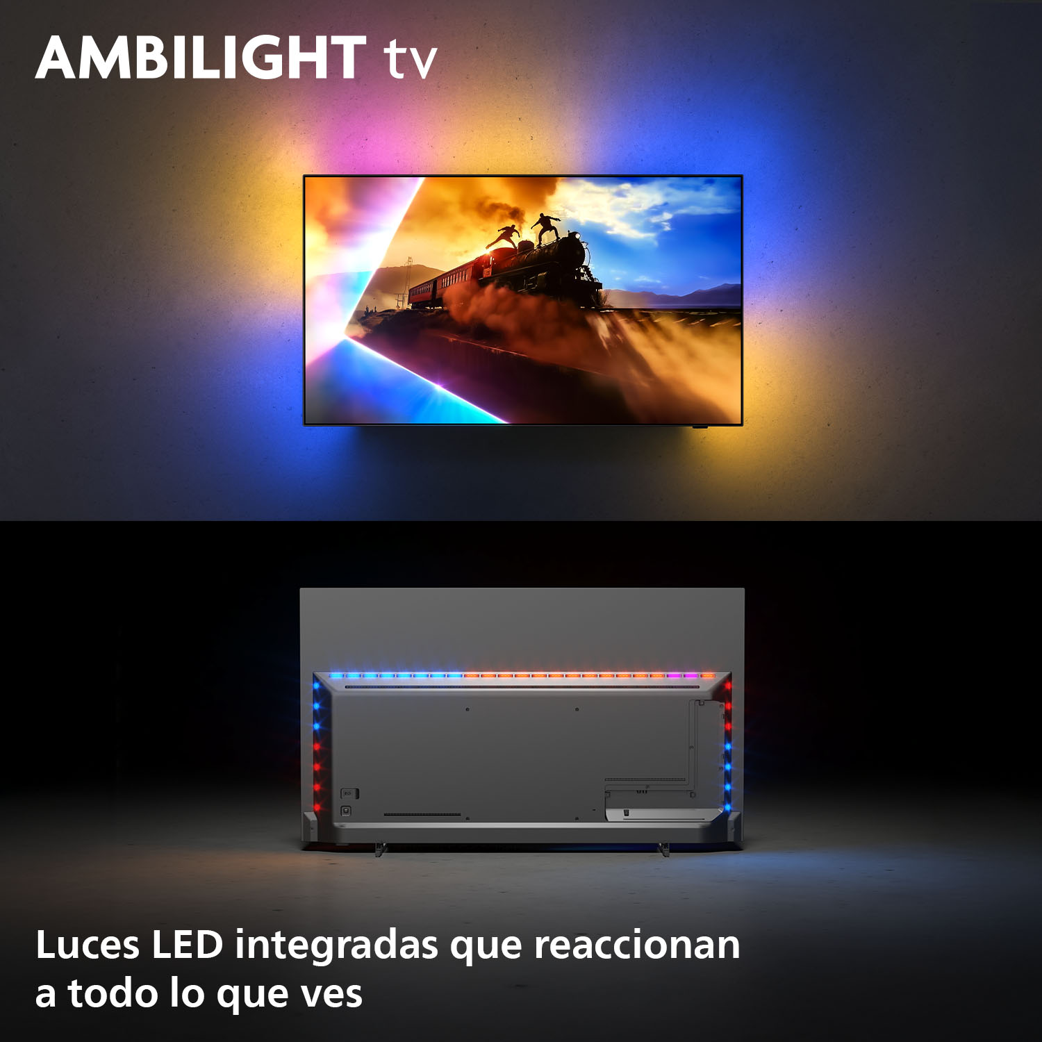 TV con Ambilight. La pantalla muestra una escena de tren. Luces LED alrededor del TV reaccionan al contenido. La parte trasera es visible.