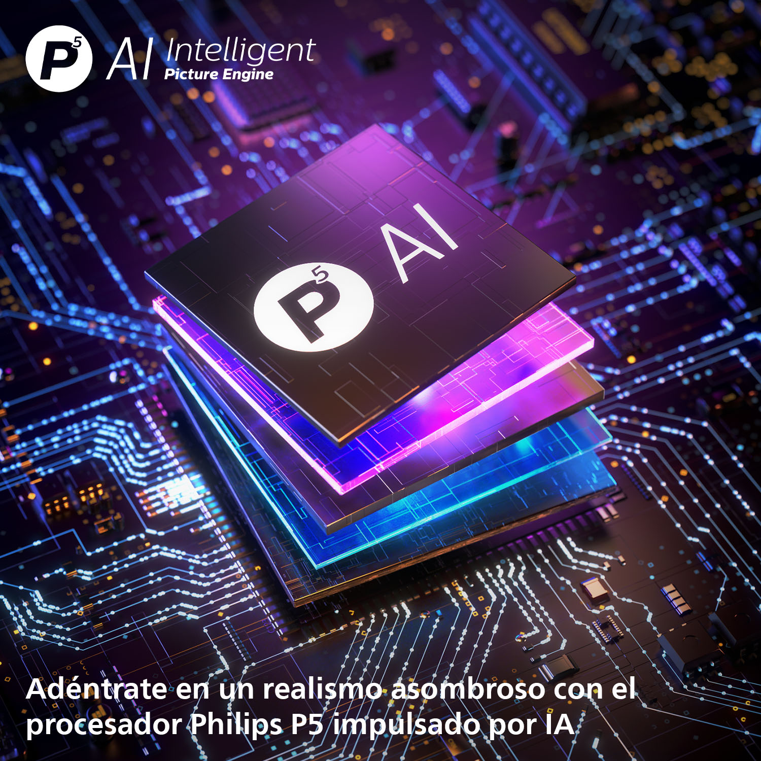 Imagen muestra un procesador en capas con el logo PAI, con texto 'Intelligent Picture Engine'. El fondo es una placa de circuito.