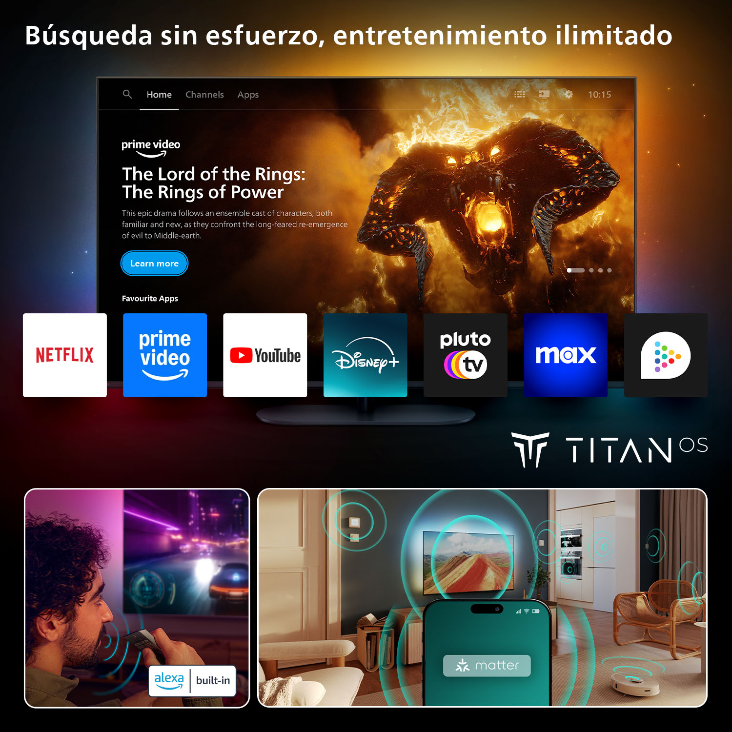 Pantalla de TV con 'El Señor de los Anillos' de Prime Video y apps como Netflix, YouTube, Disney+. Hombre usando Alexa. Funciones de casa inteligente.