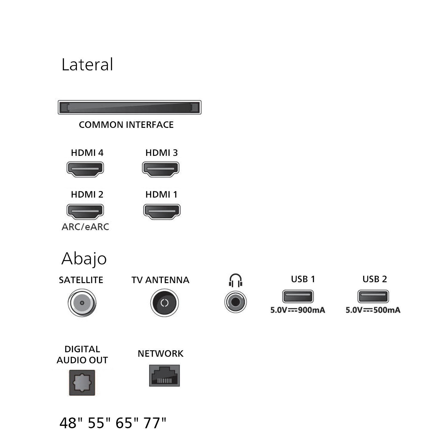 Diagrama de los puertos de un televisor. HDMI, USB, antena, red y salida de audio. Tamaños: 48", 55", 65", 77".