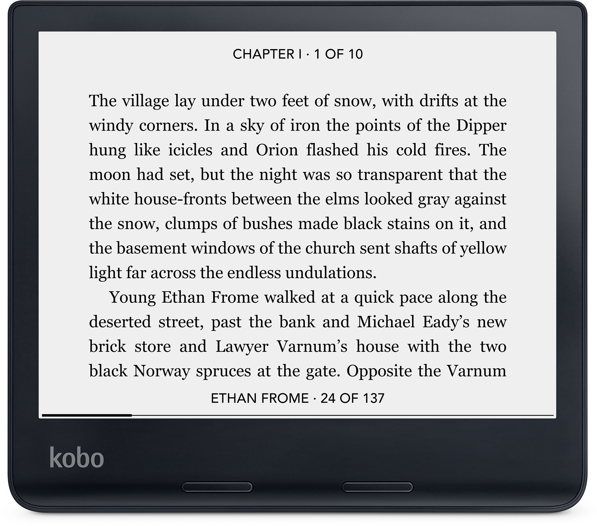 Egy e-olvasó az 'Ethan Frome' szövegét jeleníti meg. A képernyő egy havas falu jelenetét leíró részt mutat.