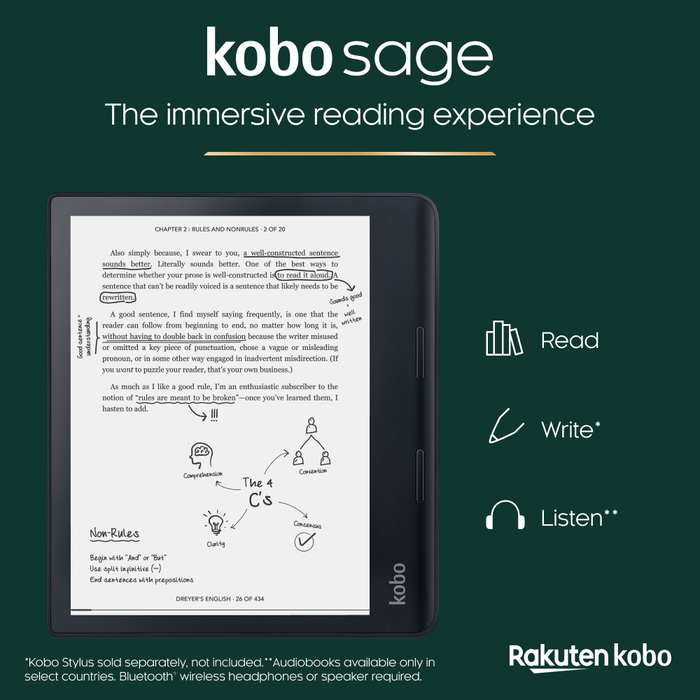 A Kobo Sage e-olvasó szöveget jelenít meg. Olvasás, írás és hallgatás ikonok. Rakuten Kobo logó jobb alsó sarokban.