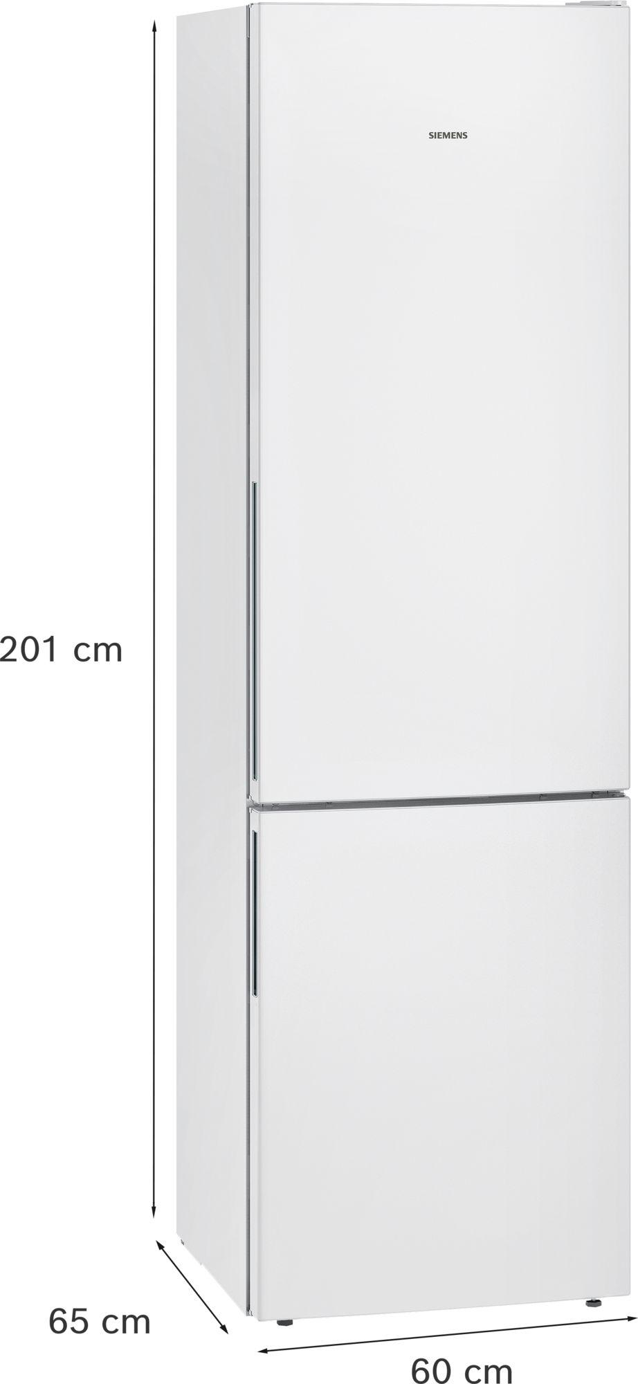 Ein weißer Siemens-Kühlschrank mit zwei Türen. Die Abmessungen sind angegeben: 201 cm hoch, 65 cm tief und 60 cm breit.