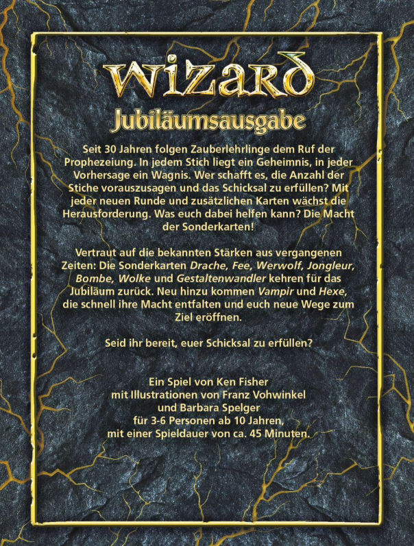 Wizard Jubiläumsausgabe Spielbox. Text auf Deutsch auf dunklem Hintergrund. Goldener Rahmen.