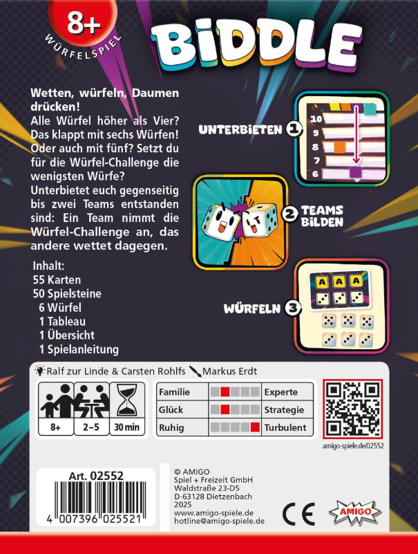 Die Spielbox zeigt den Namen des Spiels 'BIDDLE', Würfel und Anweisungen. Es hat ein rot-blaues Farbschema.
