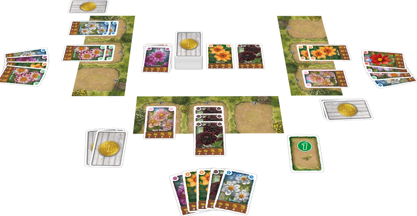 Brettspiel-Setup, Karten mit Blumenbildern, Münzen und einem feldartigen Spielbrett. Karten sind verteilt, spielbereit.