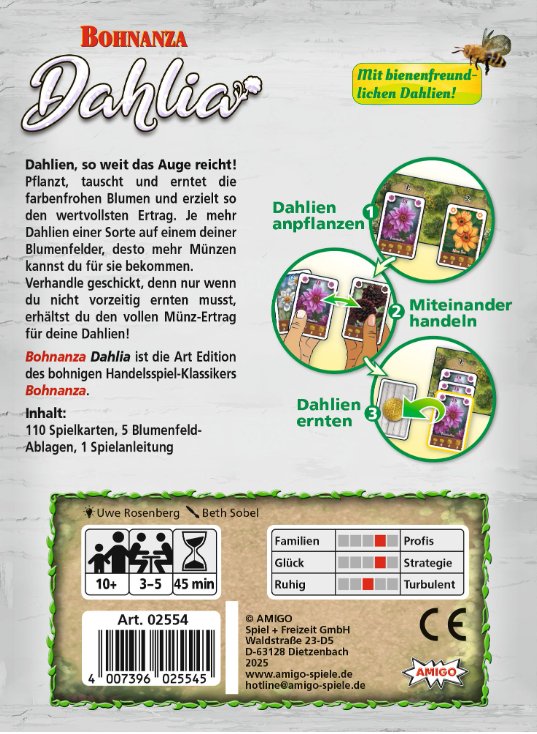 Spielbox. Titel: Dahlia. Zeigt Spiel mit Karten und einer Biene. Enthält Alter, Zeit und Spieleranzahl.