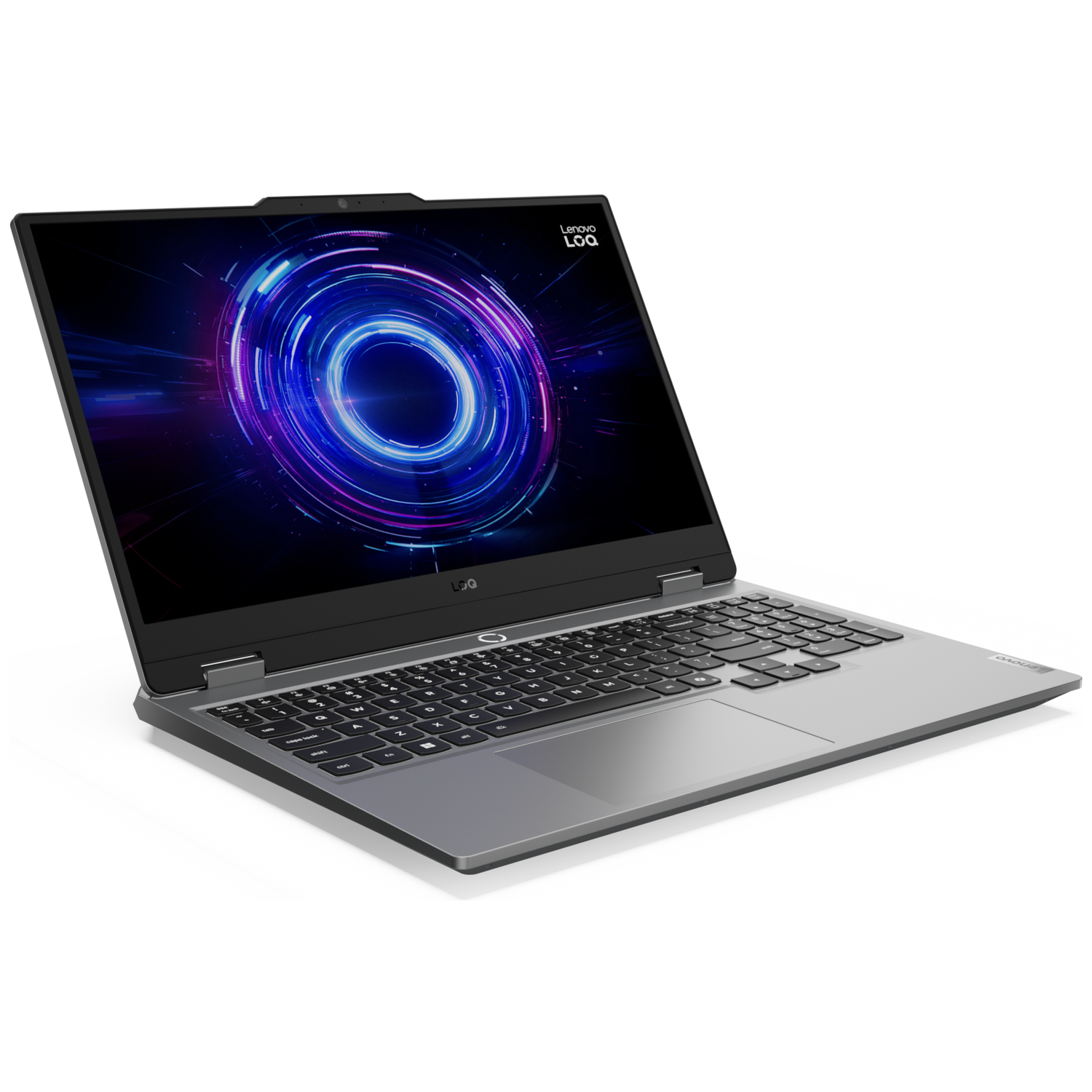 A Lenovo LoQ laptop with an open screen displays a colorful graphic. The keyboard and trackpad are visible on a gray surface.