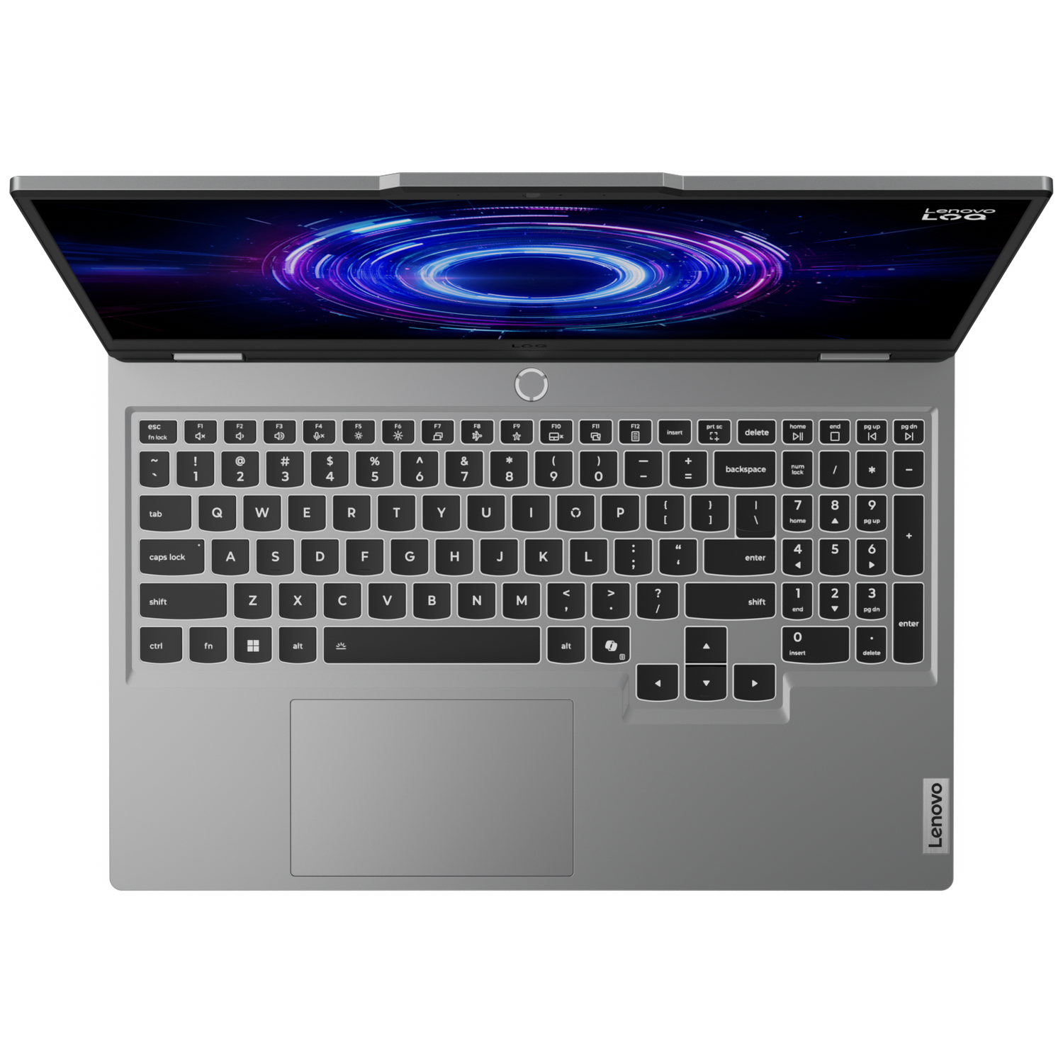 Overhead shot of a Lenovo laptop, open, showing the keyboard and screen. The screen displays a blue and purple swirl.