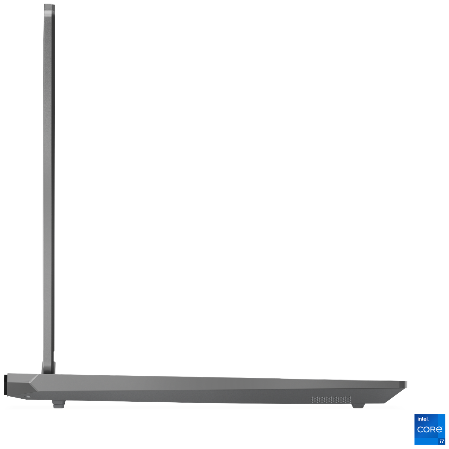 Side view of a gray laptop, open. Intel Core i7 sticker on the bottom right.