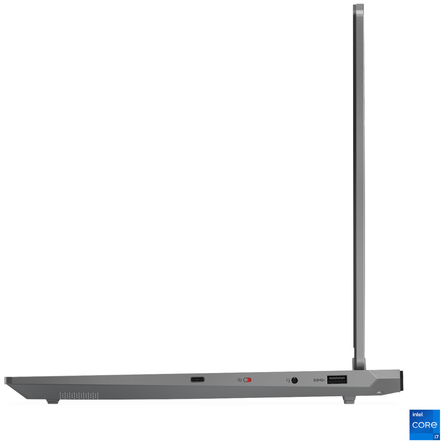 Side view of a grey laptop. It has ports, a power button, and a logo. The Intel Core i7 logo is in the corner.