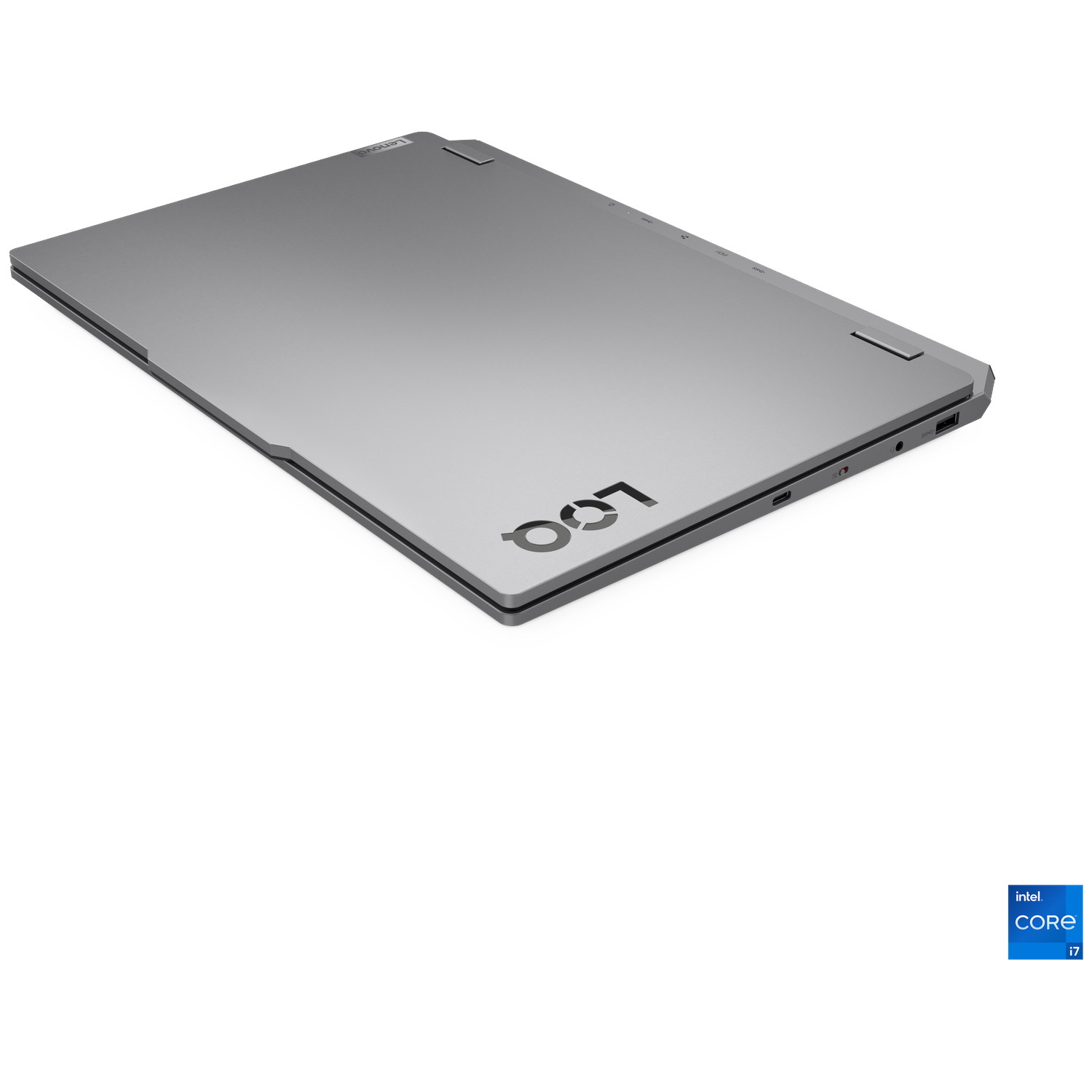 A gray Lenovo laptop is shown at an angle. The laptop is closed and has the word "Legion" printed on it.