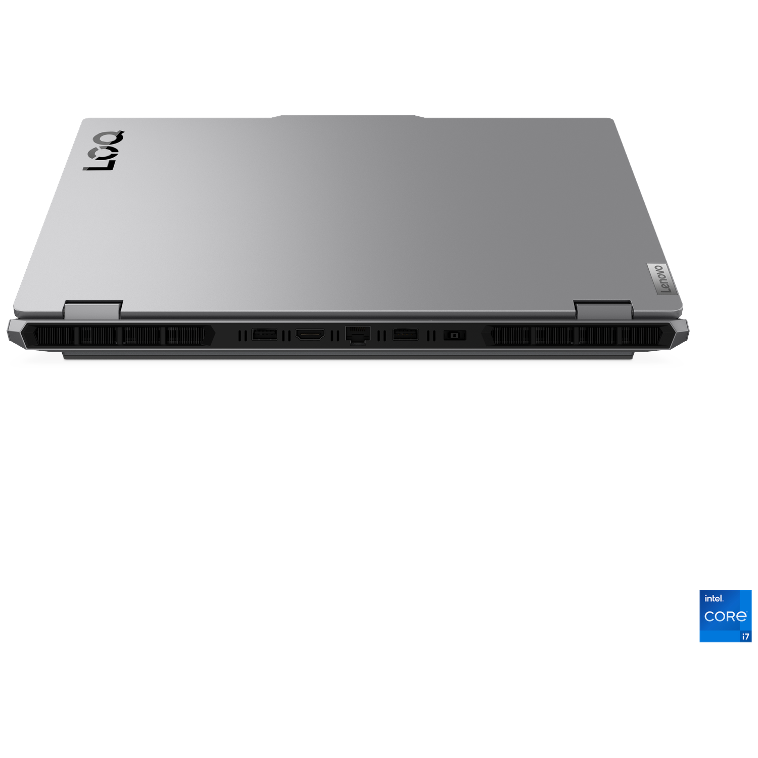 A Lenovo laptop with a gray metallic finish. The Legion logo is visible. Intel Core i7 badge is on the bottom right.