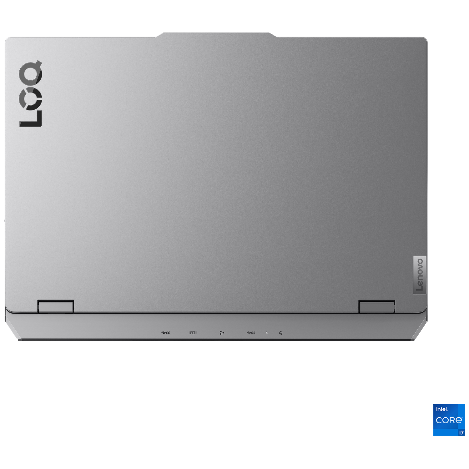 Top view of a gray Lenovo laptop. The Lenovo logo is on the right. Intel Core i7 sticker is on the right. LOQ logo is on the top left.