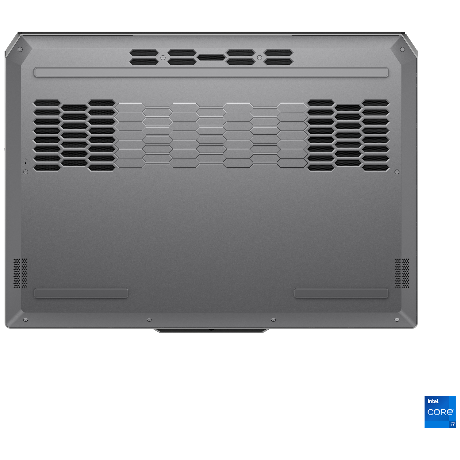 Bottom view of a gray laptop. Shows vents, a honeycomb pattern, and the Intel Core i7 sticker.
