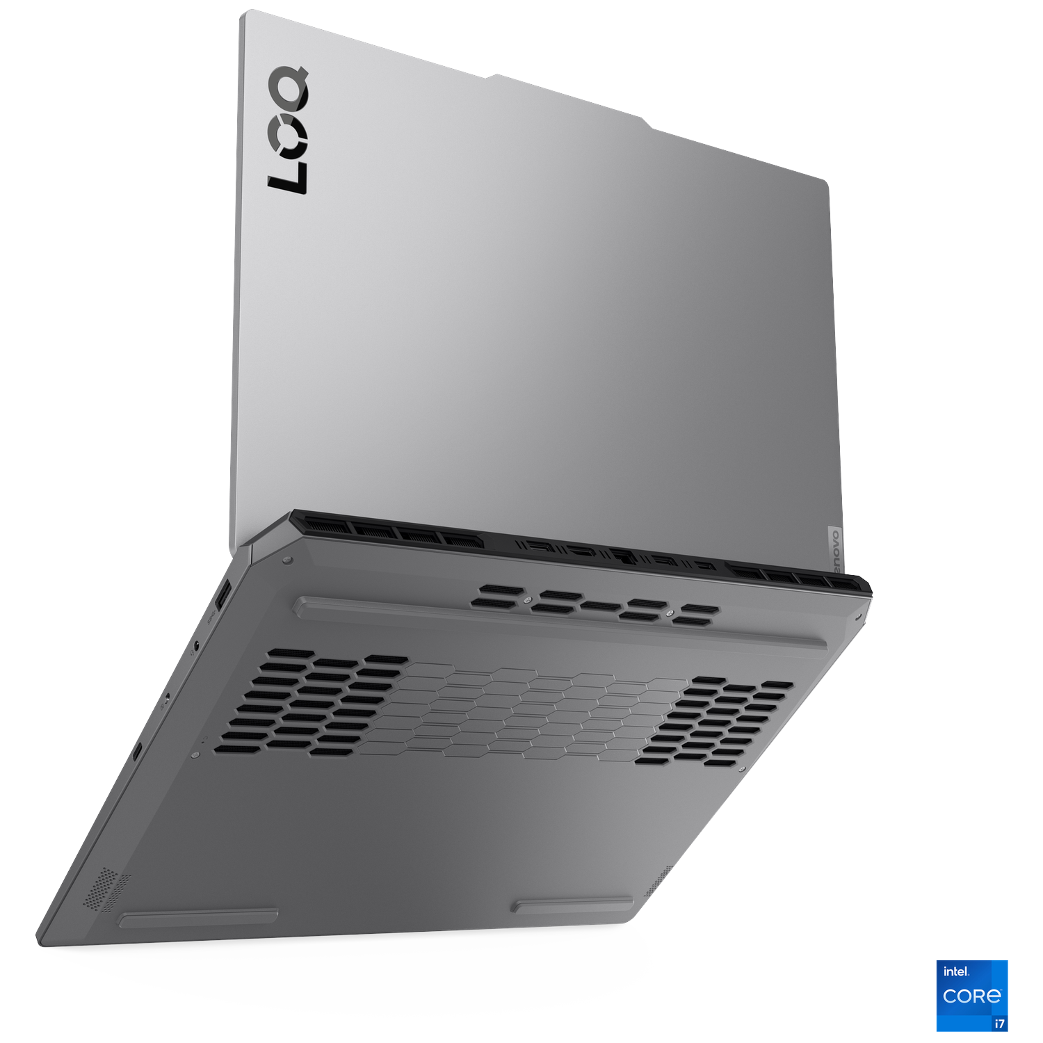 Silver Lenovo Legion laptop, open at an angle. The bottom shows vents, the top has a logo. Intel Core i7 badge is on the right.