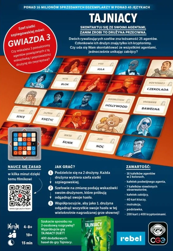 Pudełko gry planszowej z agentami, słowami i obrazami. Posiada pudełko Tajniacy z instrukcją i szczegółami gry.