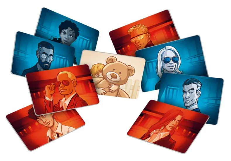 Karty z ilustracjami ludzi i misia. Niektóre karty są czerwone, inne niebieskie. Ludzie noszą okulary przeciwsłoneczne, niektórzy garnitury.