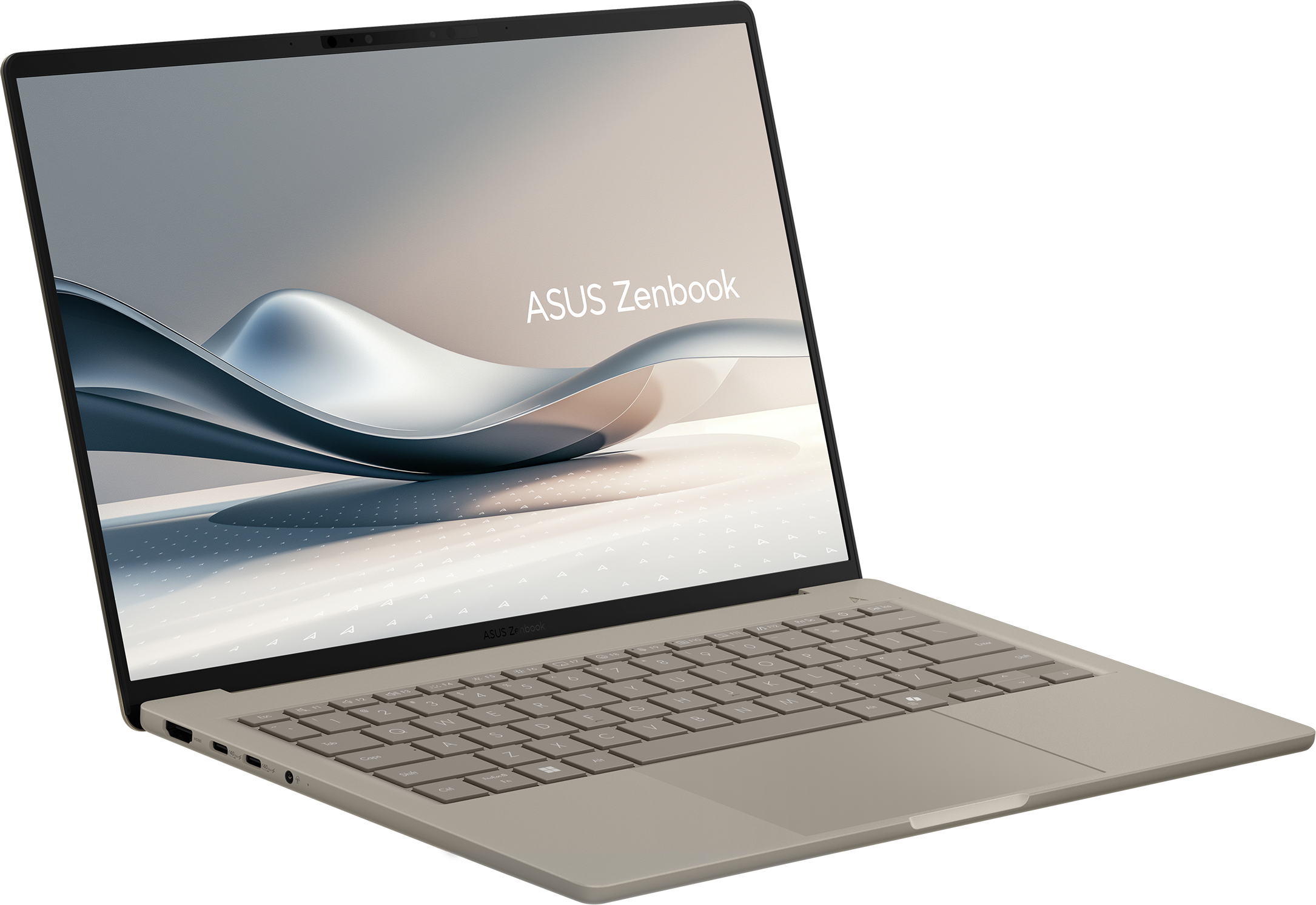 Offener ASUS Zenbook Laptop. Der Bildschirm zeigt ein wellenförmiges Design. Die Tastatur ist beige. Der Laptop steht auf weißem Grund.