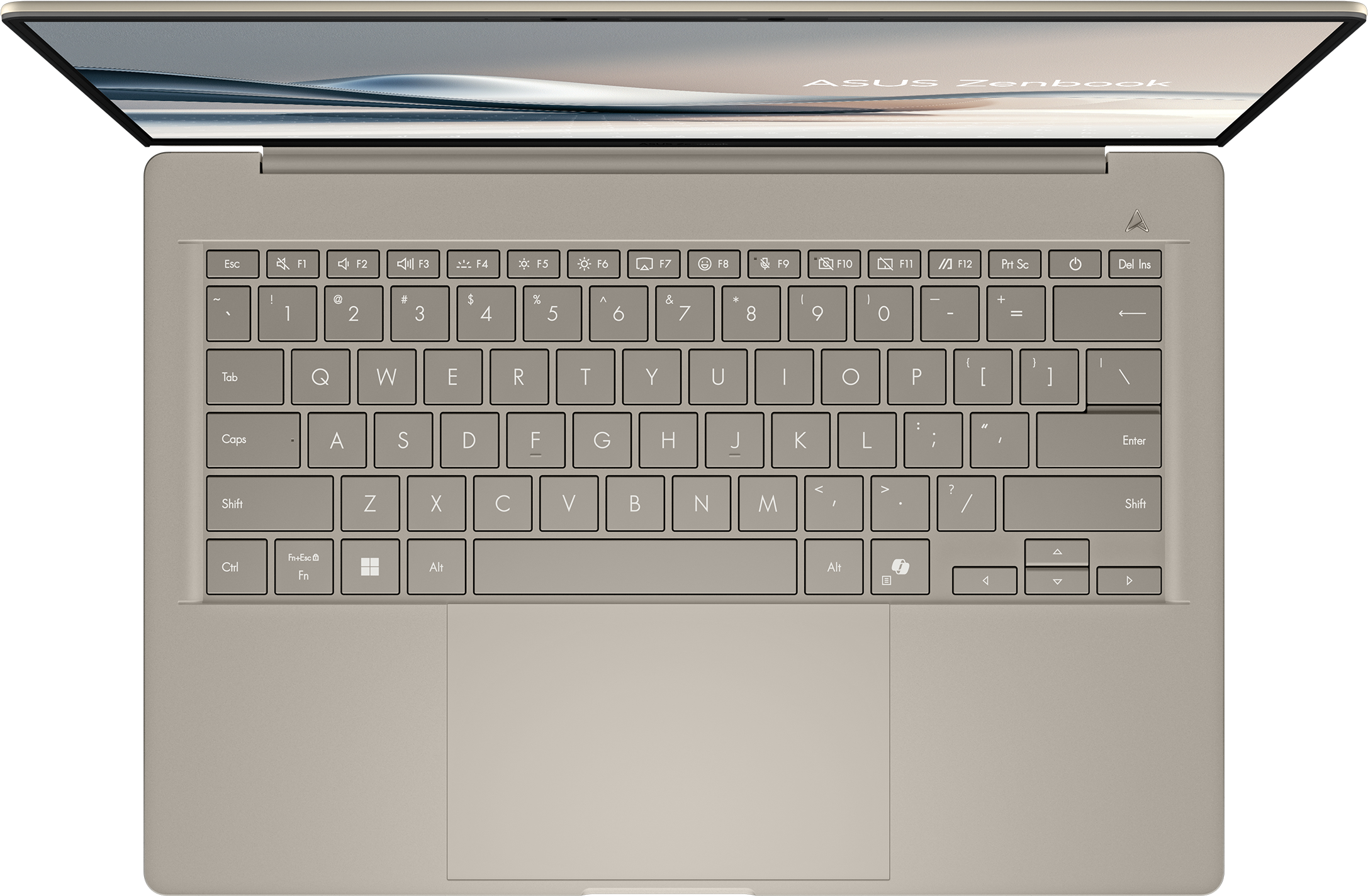 Draufsicht auf einen beigen Laptop mit Tastatur, Touchpad und geöffnetem Bildschirm mit ASUS Zenbook Logo.