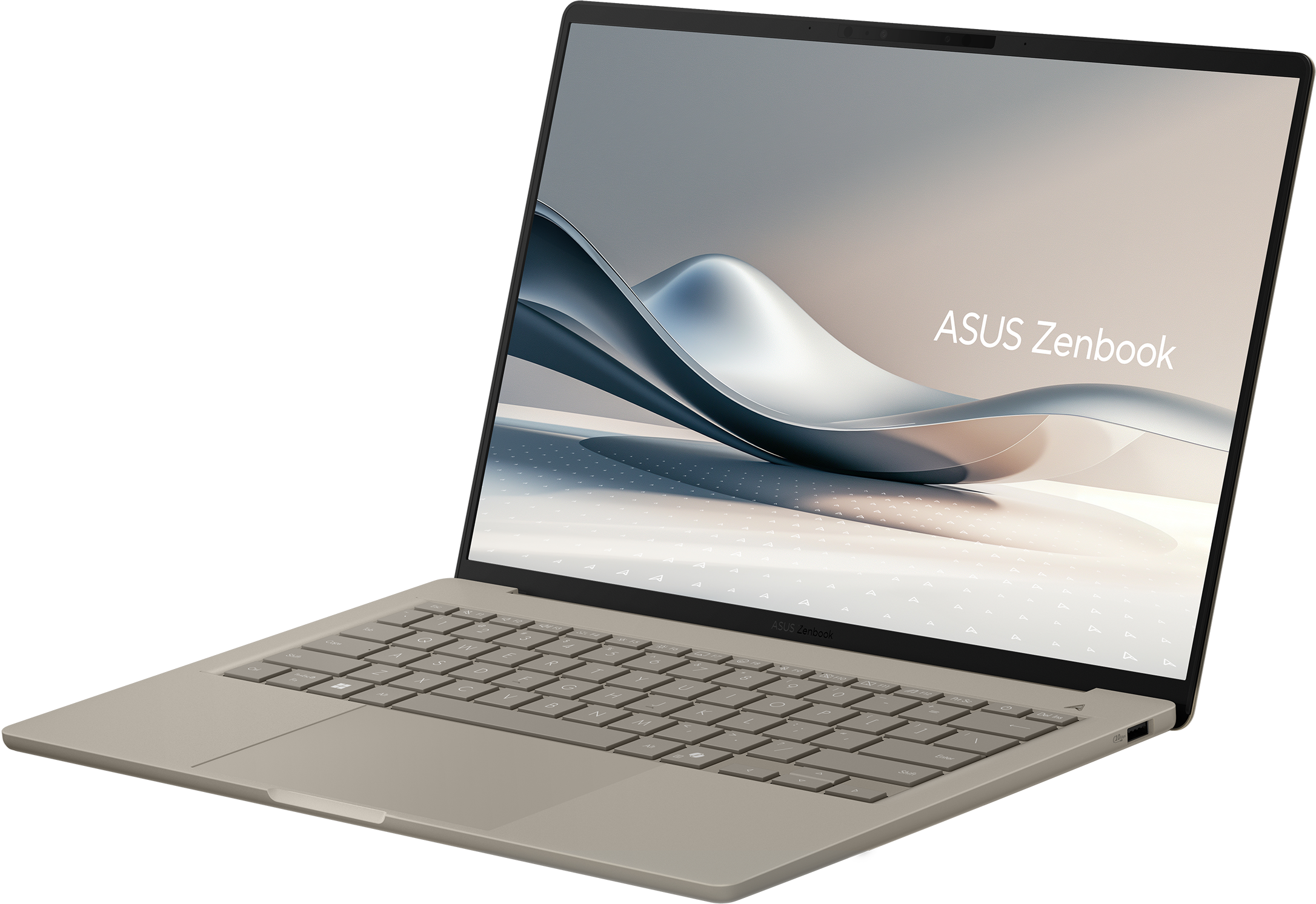 Offener Laptop mit silber-beigem Gehäuse. Der Bildschirm zeigt das ASUS Zenbook Logo. Die Tastatur ist sichtbar, mit neutralem Hintergrund.
